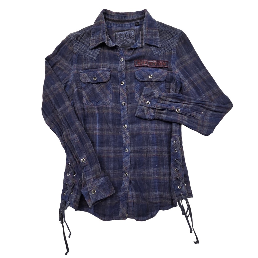 Affliction Lace Up Side Flannel Biker Shirt Blue Plaid Womens Small